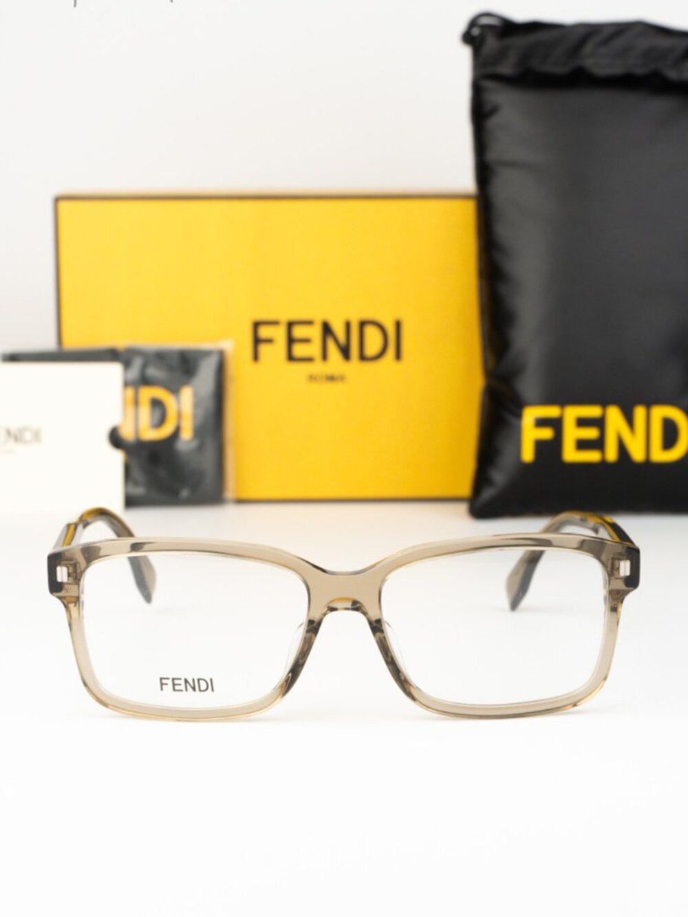 Fendi Men Eyeglasses Rectangular Transparent Khaki FE50030I 057 NEW AUTHENTIC